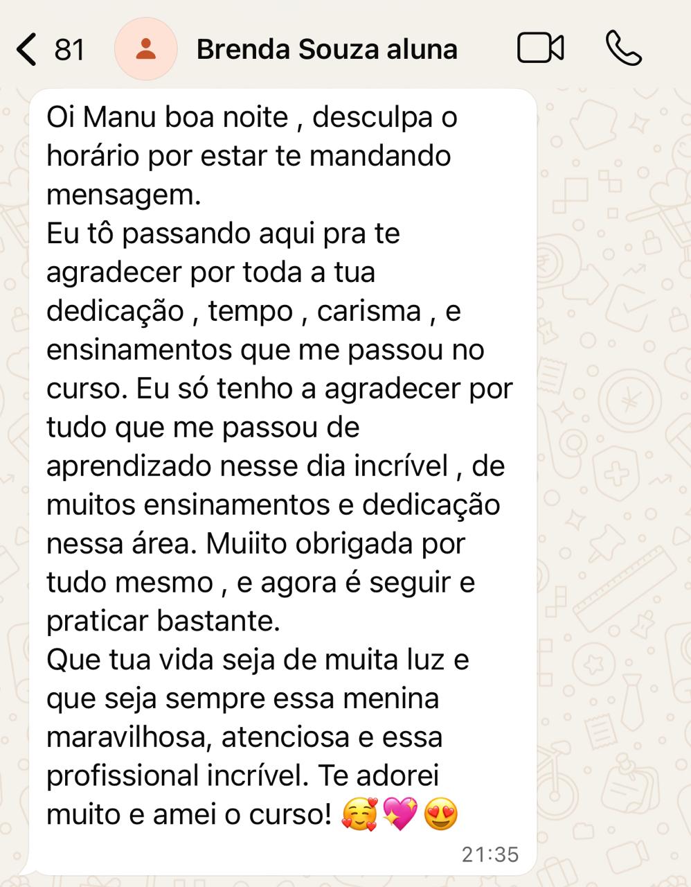 Mensagem de aluna agradecendo o curso